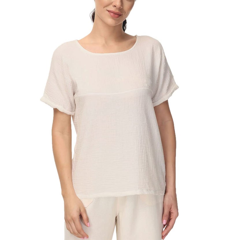 Soojun Women's Solid Round Collar Linen Tops Patchwork Shirts Blouses Beige, Medium - Image 1